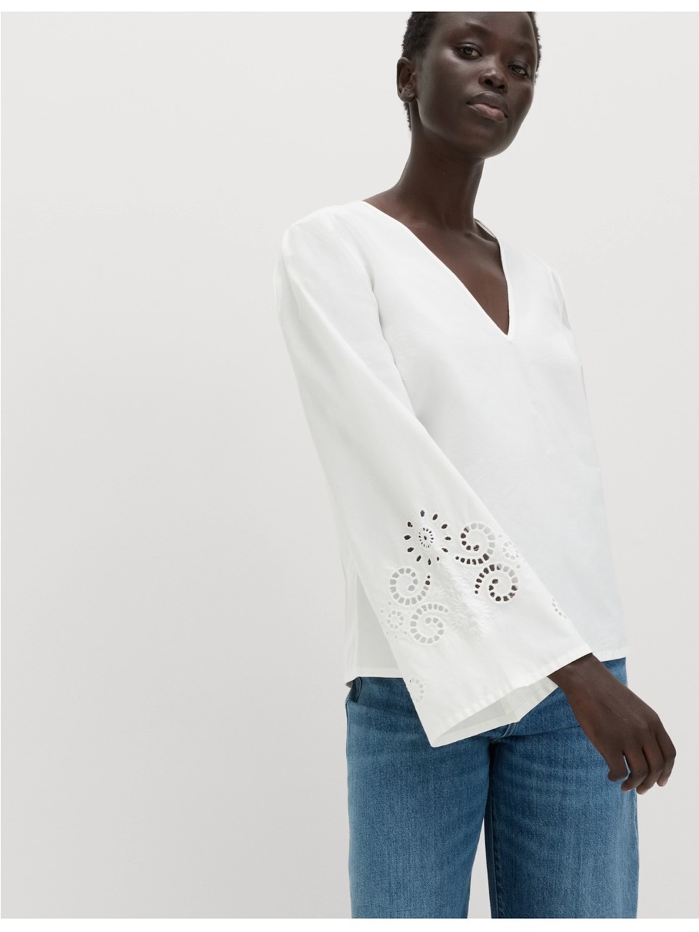 M&S  Women’s White V-Neck Eyelet Sleeve Top